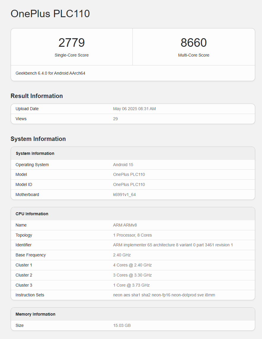 OnePlus PLC110 Geekbench Performans Sonuçları