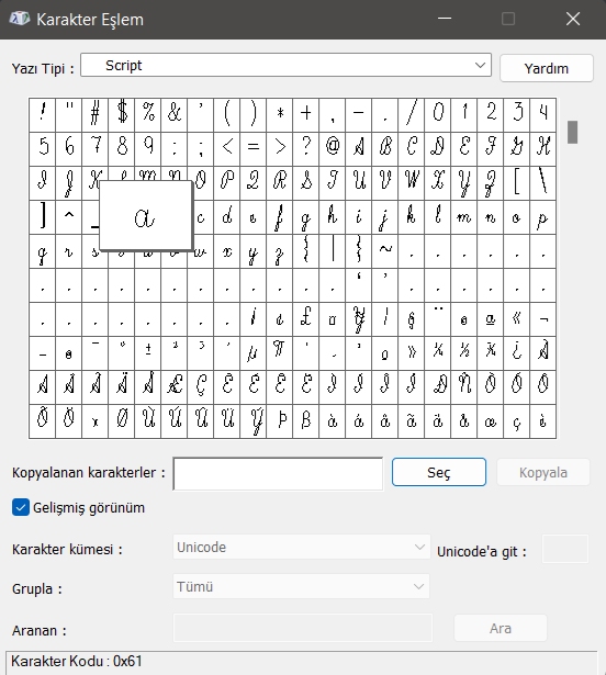 Script Harfler: Windows Karakter Eşlem ve Sembol Menüsü