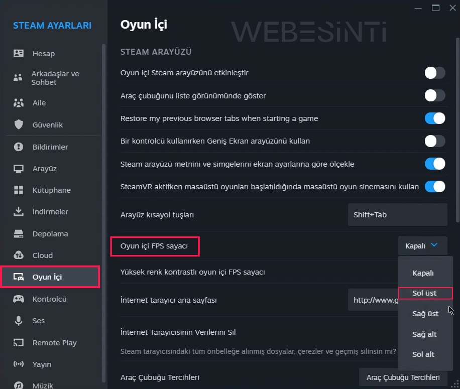 Steam Oyun içi FPS Sayacı Ayarları