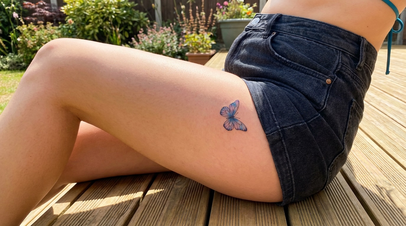 Zarif ve Minimal: Üst Bacak İçin Renkli Kelebek Dövme Modeli