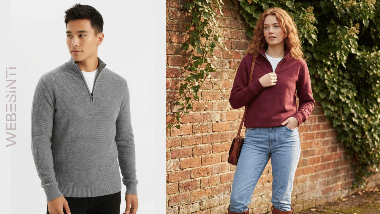 Dik yakalı, farklı renklerde yarım fermuarlı kadın ve erkek kazak ve sweatshirt modelleri.