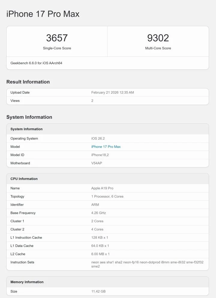 iPhone 17 Pro Max Geekbench performans testi sonuç ekranı.