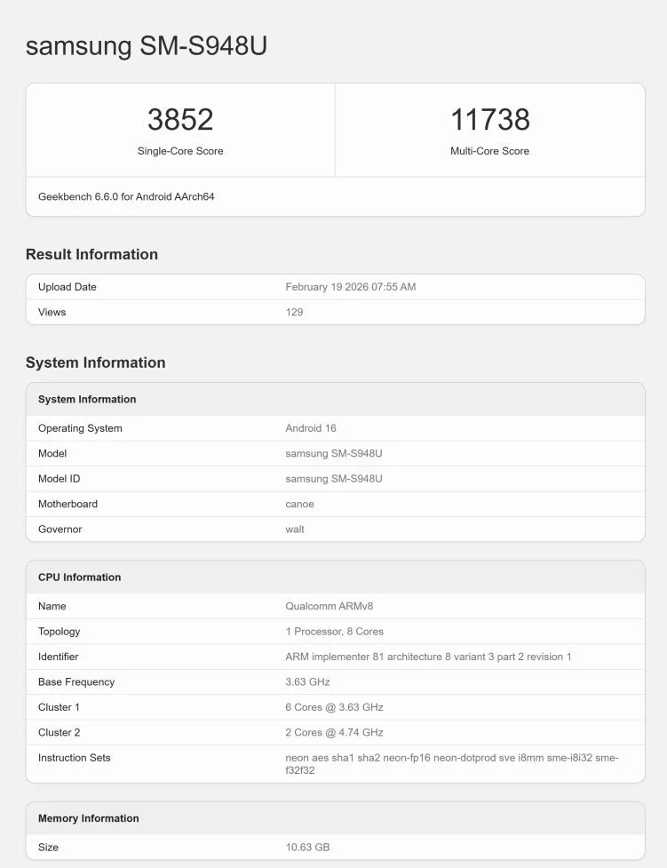 Samsung SM-S948U – Geekbench 6.6.0 (Android AArch64) Performans Testi Sonuçları