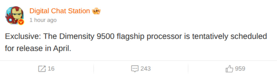 Dimensity 9500 amiral gemisi işlemcinin Nisan ayında piyasaya sürülmesi planlanıyor.