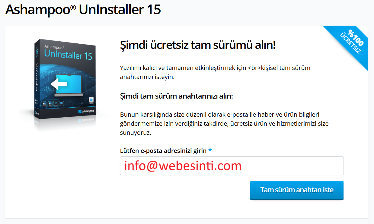 Ashampoo UnInstaller 15 ücretsiz lisans alma ekranı, e-posta ile tam sürüm anahtarı talep formu