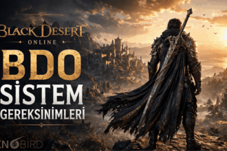 Black Desert Online için minimum ve önerilen sistem gereksinimlerini gösteren, savaşçı temalı oyun görseli