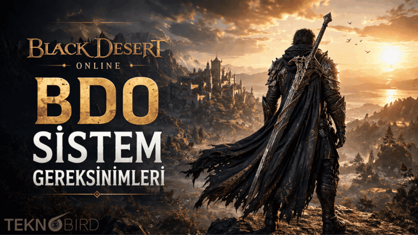Black Desert Online için minimum ve önerilen sistem gereksinimlerini gösteren, savaşçı temalı oyun görseli