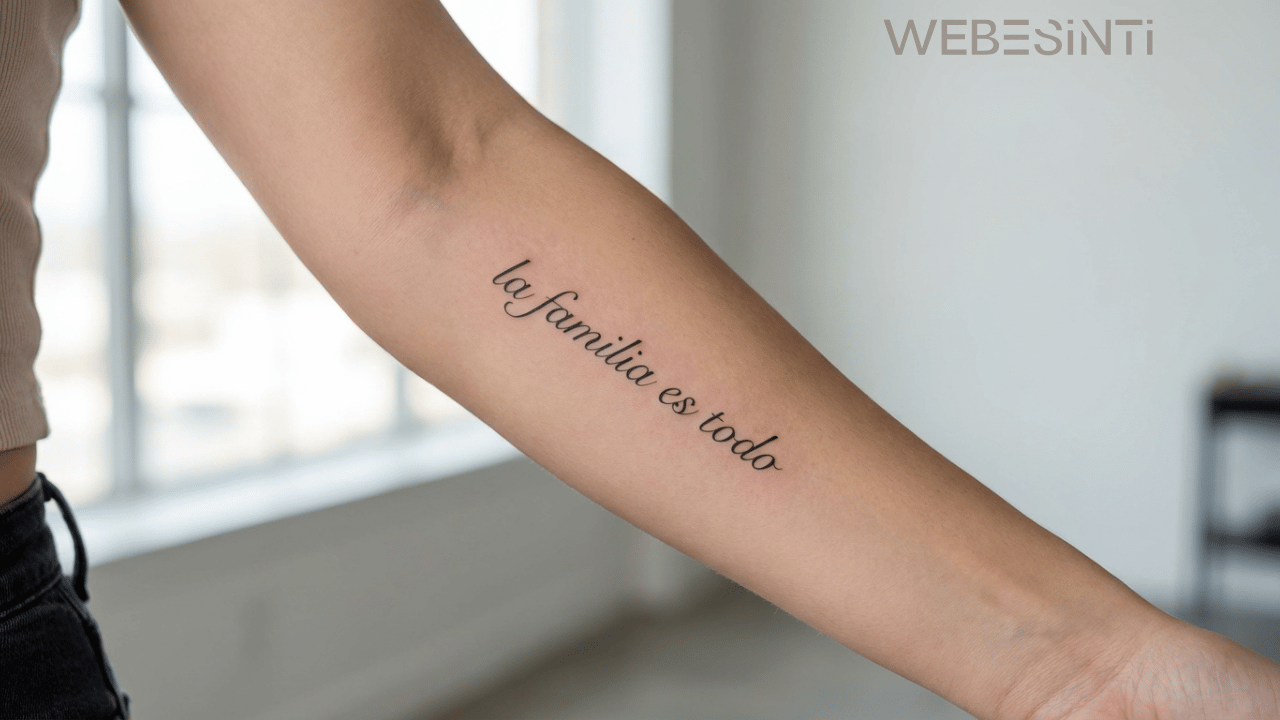 Kadın kolunda İspanyolca “la familia es todo” yazılı minimal dövme tasarımı