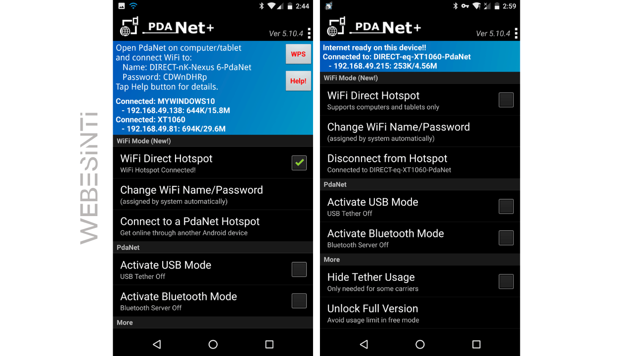 ndroid PdaNet+ arayüzünde WiFi hotspot bağlantısı ve USB ile internet paylaşımı ekranı