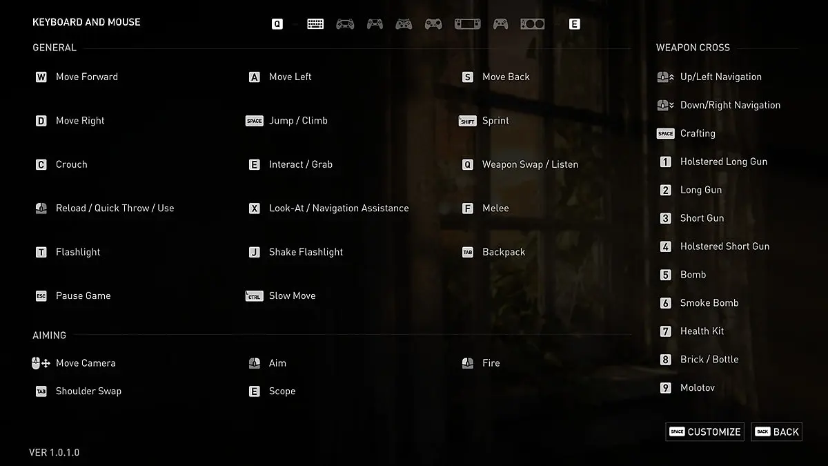 The Last of Us Part 1 PC Kontrolleri ve Tuş Atamaları Ekranı