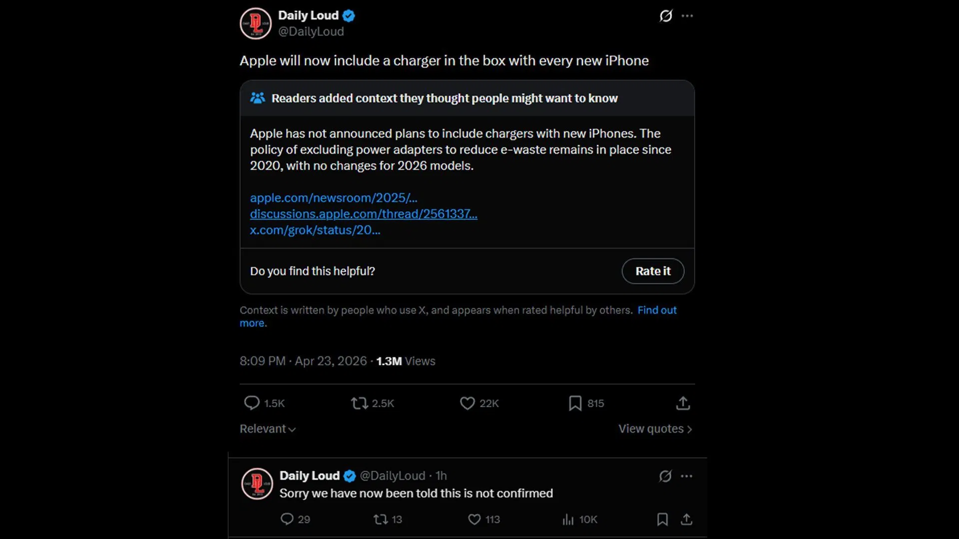 Daily Loud’un X platformunda paylaştığı, Apple’ın iPhone kutusuna şarj aleti ekleyeceğini iddia eden ve daha sonra doğrulanmadığı belirtilen tweet ekran görüntüsü