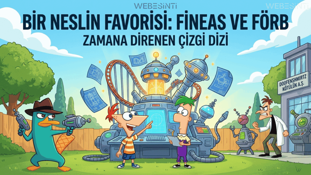 Arka bahçede büyük ve fütüristik bir icat yapan Fineas ve Förb, sol tarafta casus ekipmanıyla duran Ajan Perry ve sağ tarafta 'Doofenshmirtz Kötülük A.Ş.' binasının önünde duran Dr. Doofenshmirtz'i gösteren, üzerinde Türkçe 'Bir Neslin Favorisi: Fineas ve Förb - Zamana Direnen Çizgi Dizi' yazan 1280x720 boyutunda profesyonel illüstrasyon.
