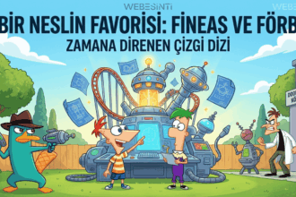 Arka bahçede büyük ve fütüristik bir icat yapan Fineas ve Förb, sol tarafta casus ekipmanıyla duran Ajan Perry ve sağ tarafta 'Doofenshmirtz Kötülük A.Ş.' binasının önünde duran Dr. Doofenshmirtz'i gösteren, üzerinde Türkçe 'Bir Neslin Favorisi: Fineas ve Förb - Zamana Direnen Çizgi Dizi' yazan 1280x720 boyutunda profesyonel illüstrasyon.