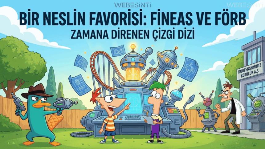 Arka bahçede büyük ve fütüristik bir icat yapan Fineas ve Förb, sol tarafta casus ekipmanıyla duran Ajan Perry ve sağ tarafta 'Doofenshmirtz Kötülük A.Ş.' binasının önünde duran Dr. Doofenshmirtz'i gösteren, üzerinde Türkçe 'Bir Neslin Favorisi: Fineas ve Förb - Zamana Direnen Çizgi Dizi' yazan 1280x720 boyutunda profesyonel illüstrasyon.