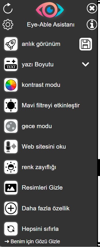 Eye-Able Asistanı panelinde yazı boyutu, kontrast modu, gece modu ve web sitesini okuma gibi erişilebilirlik seçenekleri