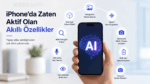 Elde tutulan iPhone ekranında yapay zeka simgesi ve etrafında akıllı özellik ikonları bulunan modern teknoloji görseli