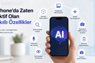 Elde tutulan iPhone ekranında yapay zeka simgesi ve etrafında akıllı özellik ikonları bulunan modern teknoloji görseli