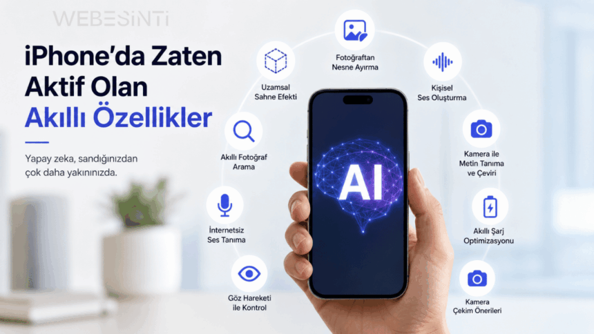 Elde tutulan iPhone ekranında yapay zeka simgesi ve etrafında akıllı özellik ikonları bulunan modern teknoloji görseli