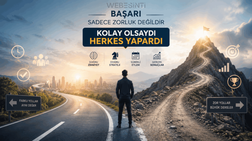 "Kolay Olsaydı Herkes Yapardı" yazılı, başarı ve motivasyon temalı infografik görseli. Yol ayrımında duran bir adamın solunda kolay bir şehir yolu, sağında ise zirveye çıkan zorlu bir dağ yolu görünmektedir. Görsel üzerinde başarı için gereken doğru zihniyet, strateji, eylem ve sonuç adımları ikonlarla ifade edilmiştir.