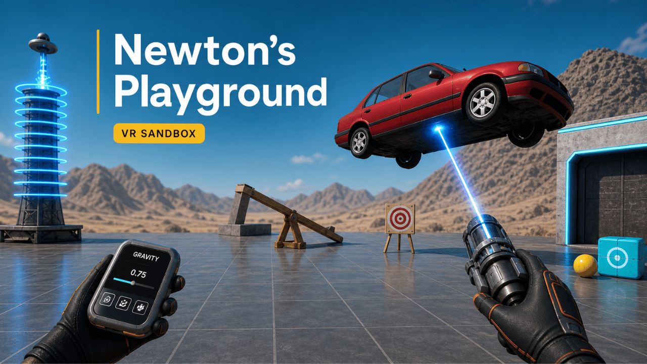 Newton’s Playground oyununda fizik tabanlı VR sandbox deneyimini gösteren tanıtım görseli.