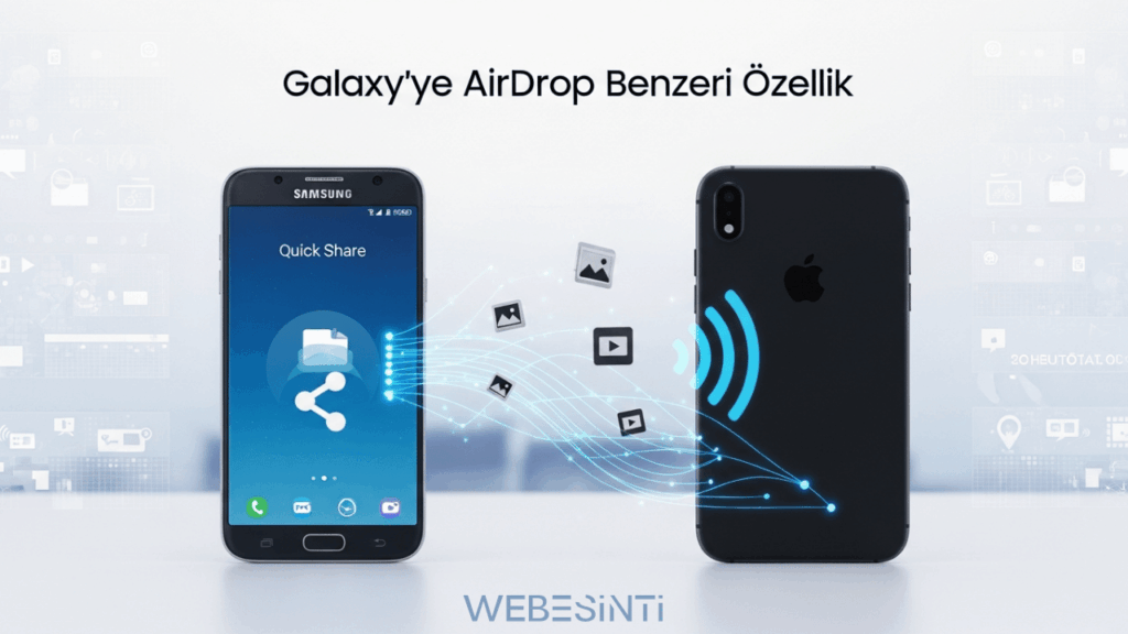 Samsung Galaxy akıllı telefon ile Apple iPhone arasında Quick Share üzerinden kablosuz dosya paylaşımını gösteren teknoloji temalı görsel.