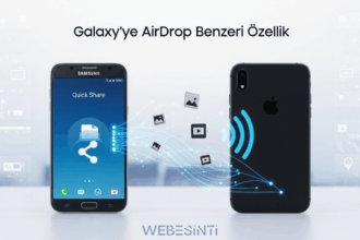 Samsung Galaxy akıllı telefon ile Apple iPhone arasında Quick Share üzerinden kablosuz dosya paylaşımını gösteren teknoloji temalı görsel.