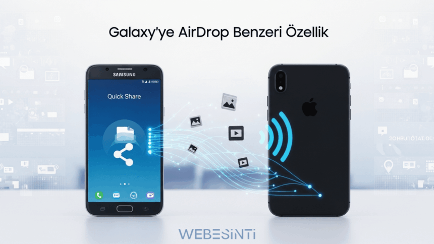 Samsung Galaxy akıllı telefon ile Apple iPhone arasında Quick Share üzerinden kablosuz dosya paylaşımını gösteren teknoloji temalı görsel.