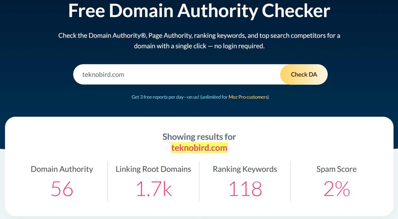 Teknobird.com sitesinin Moz Free Domain Authority Checker aracındaki SEO analiz sonuçları paneli. Görselde Domain Authority skoru 56, Linking Root Domains 1.7k, Ranking Keywords 118 ve Spam Score %2 olarak görünmektedir.