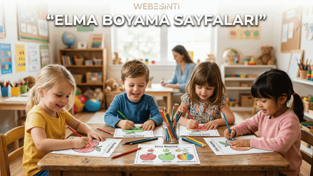 Anaokulu sınıfında ahşap masada oturup elma resmi boyayan neşeli çocuklar ve renkli elma boyama sayfaları etkinlik görseli.