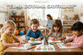 Anaokulu sınıfında ahşap masada oturup elma resmi boyayan neşeli çocuklar ve renkli elma boyama sayfaları etkinlik görseli.
