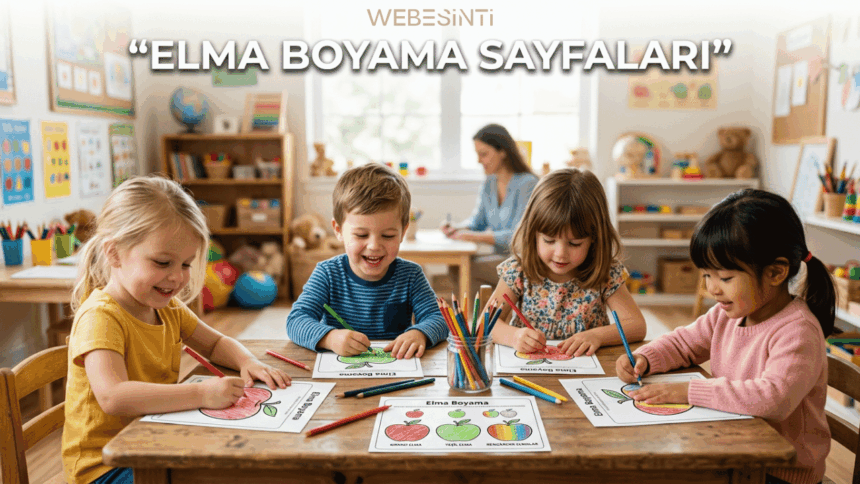 Anaokulu sınıfında ahşap masada oturup elma resmi boyayan neşeli çocuklar ve renkli elma boyama sayfaları etkinlik görseli.