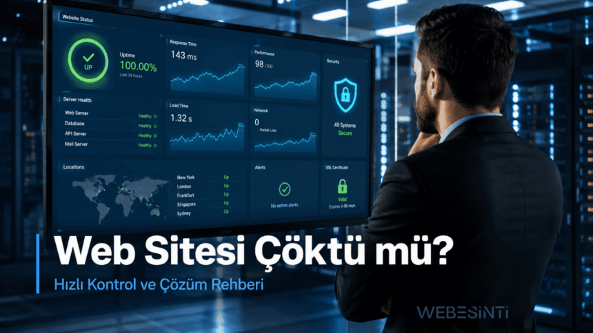 Sunucu odasında monitördeki sistem grafiklerini inceleyen takım elbiseli adam ve üzerinde "Web Sitesi Çöktü mü? Hızlı Kontrol ve Çözüm Rehberi" yazan Webesinti görseli.