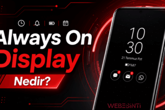 Always On Display nedir? AMOLED ekranda saat, bildirimler ve pil bilgisini gösteren AOD özelliğini anlatan görsel.