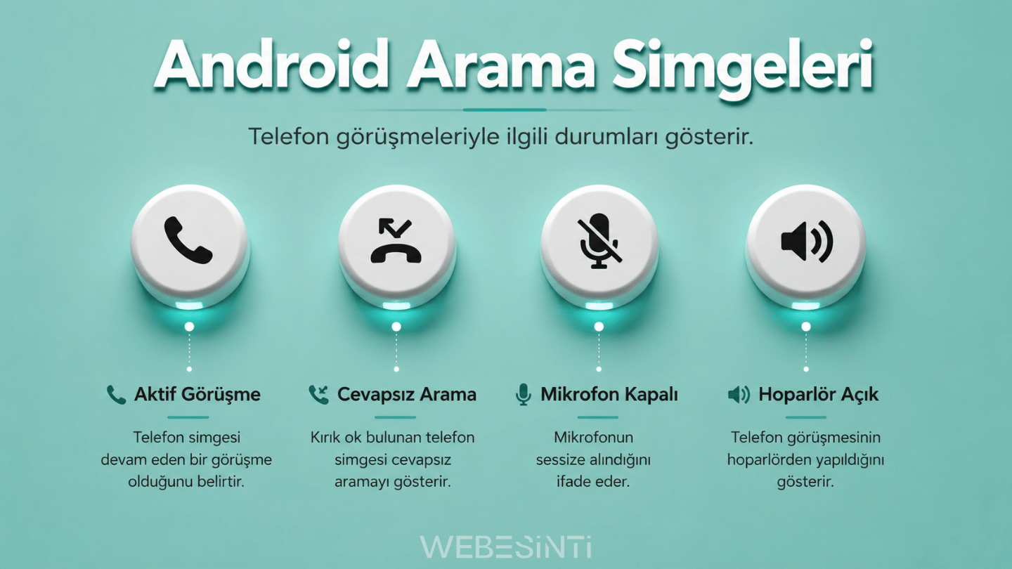 Android arama simgelerini gösteren 3D tasarımlı aktif görüşme, cevapsız arama, mikrofon kapalı ve hoparlör açık ikonları.