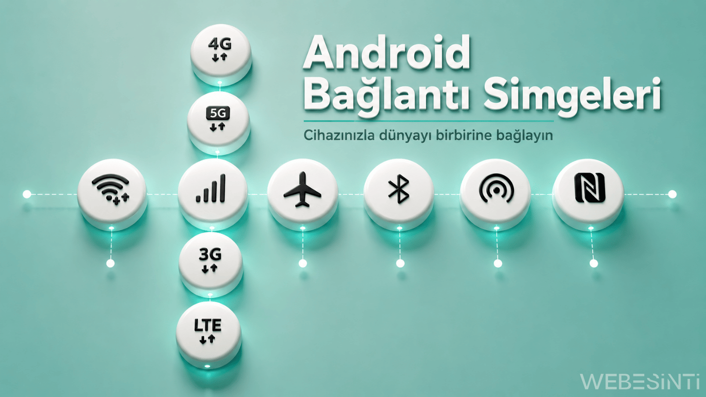 Android bağlantı simgelerini gösteren 3D tasarımlı Wi-Fi, 3G, 4G, 5G, LTE, Bluetooth, NFC ve uçak modu ikonları.