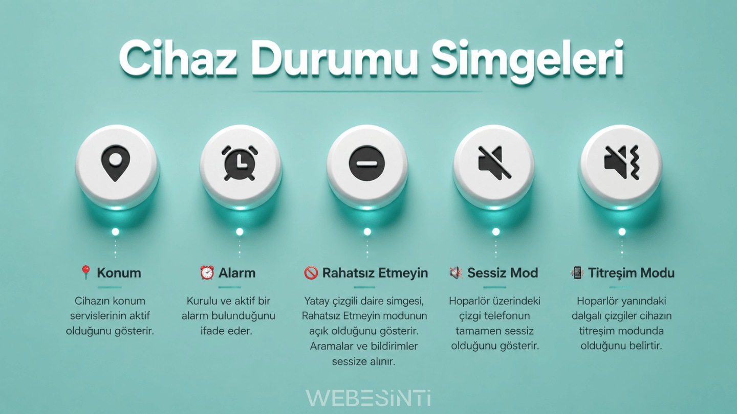 Android cihaz durumu simgelerini gösteren 3D tasarımlı konum, alarm, rahatsız etmeyin, sessiz mod ve titreşim modu ikonları.
