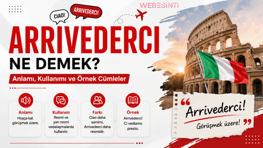 Arrivederci ne demek, hangi dilde kullanılır, Ciao ile farkı ve günlük kullanım örneklerini anlatan İtalyanca rehber görseli.