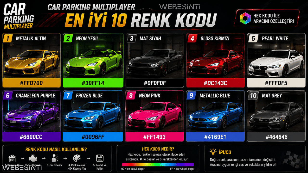 MTA renk kodları, hex kodlar ve Multi Theft Auto nick renkleri görseli