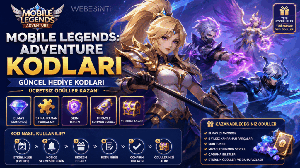Mobile Legends: Adventure kodları rehberi kapak görseli. Ücretsiz Diamonds, Hero Fragment, Skin Token, Miracle Summon Scroll ve güncel MLA CD Key kodları.
