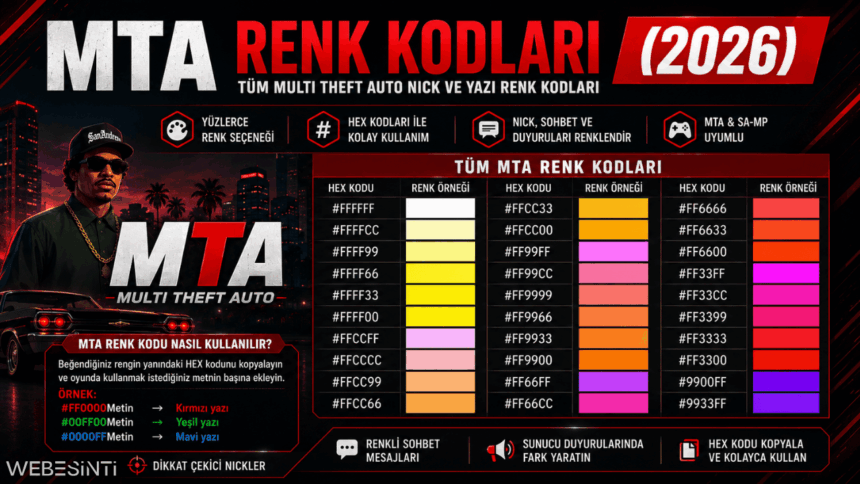 MTA renk kodları tablosu ve Multi Theft Auto nick renkleri