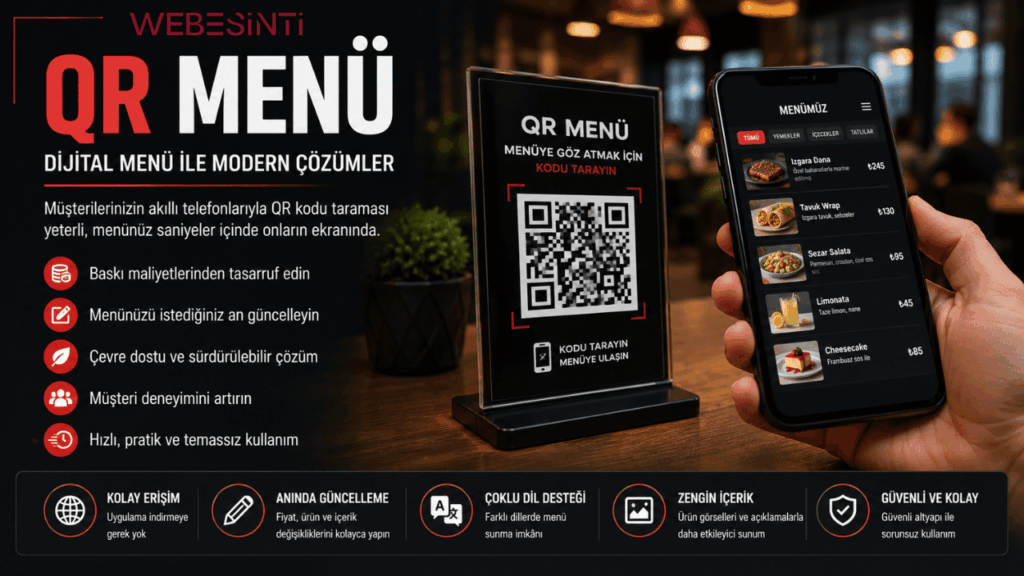 QR kod ile dijital menü kullanan restoran müşterisi, QR Menü sistemi ve temassız menü teknolojisini gösteren görsel.
