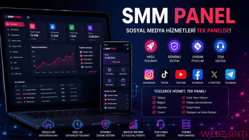 Instagram, TikTok, YouTube ve diğer sosyal medya platformları için SMM panel hizmetlerini temsil eden modern dijital pazarlama görseli.