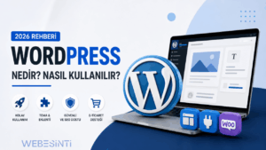 WordPress yönetim paneli, WordPress logosu ve web sitesi oluşturmayı simgeleyen modern 3D kapak görseli.