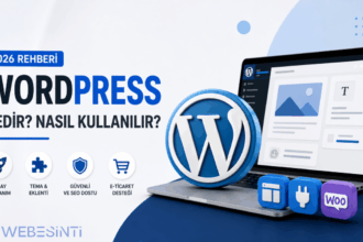 WordPress yönetim paneli, WordPress logosu ve web sitesi oluşturmayı simgeleyen modern 3D kapak görseli.