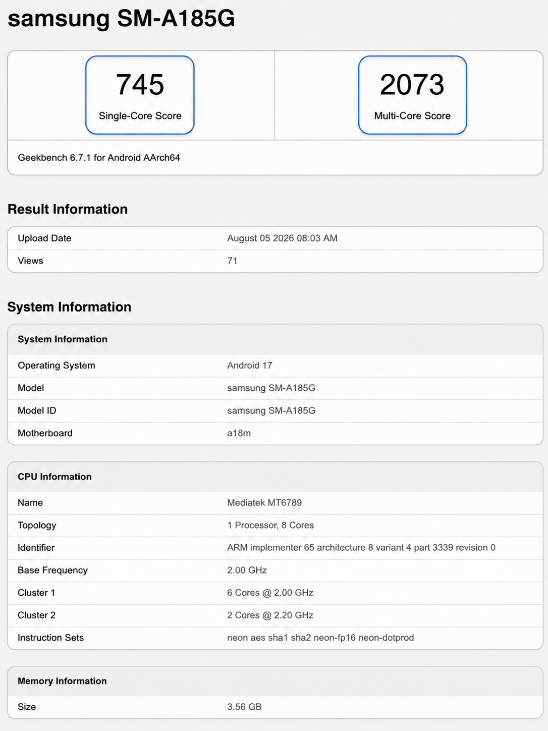 Samsung SM-A185G Geekbench 6 performans testi sonuçları