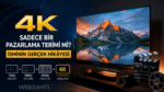"4K sadece bir pazarlama terimi mi?" sorusunu soran; 720p, 1080p, 1440p ve 4K (3840x2160) çözünürlük farklarını karşılaştırmalı olarak gösteren Webesinti televizyon görseli.