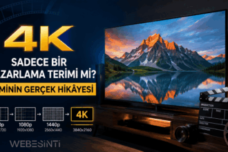 "4K sadece bir pazarlama terimi mi?" sorusunu soran; 720p, 1080p, 1440p ve 4K (3840x2160) çözünürlük farklarını karşılaştırmalı olarak gösteren Webesinti televizyon görseli.