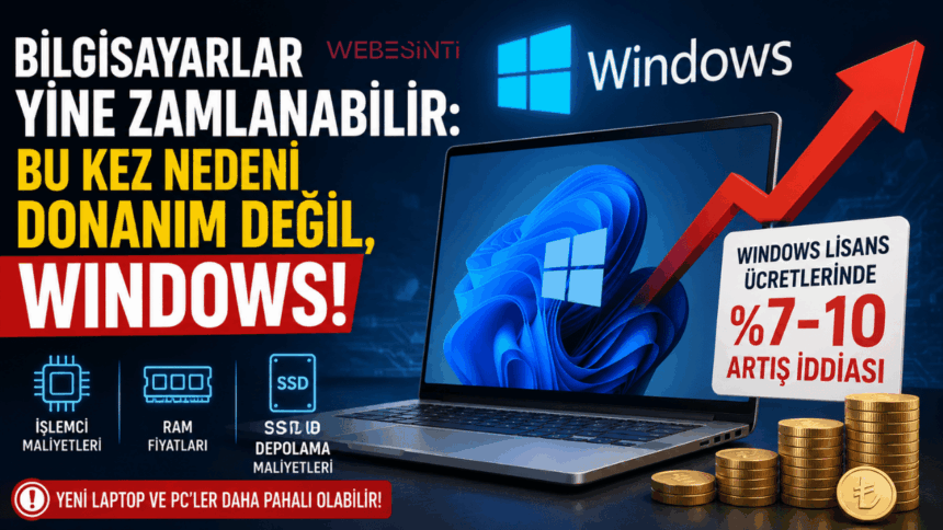 Windows lisans ücretlerindeki artış nedeniyle bilgisayar fiyatlarının yükselebileceğini gösteren laptop görseli Webesinti