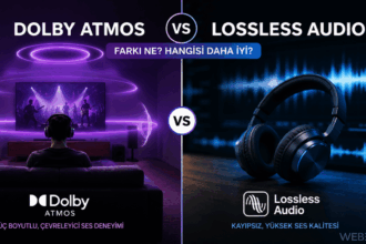 Dolby Atmos'un üç boyutlu çevreleyici sesi ile Lossless Audio'nun kayıpsız ses kalitesi arasındaki farkları gösteren karşılaştırma görseli.