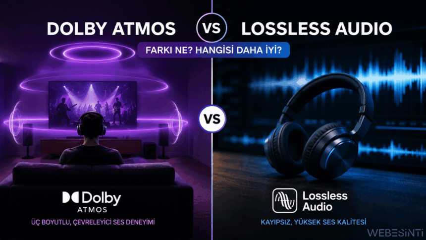 Dolby Atmos'un üç boyutlu çevreleyici sesi ile Lossless Audio'nun kayıpsız ses kalitesi arasındaki farkları gösteren karşılaştırma görseli.